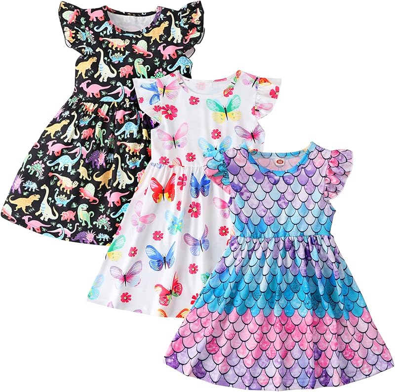 Toddler Little Girls Casual Dresses Short Sleeve Crew Neck Graphic Cartoon Dress for 2-8 Years