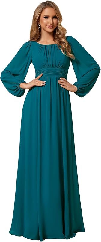 Ever-Pretty Women's Crewneck Long Lantern Sleeves Floor Length A-Line Pleated Chiffon Formal Dress 0106B