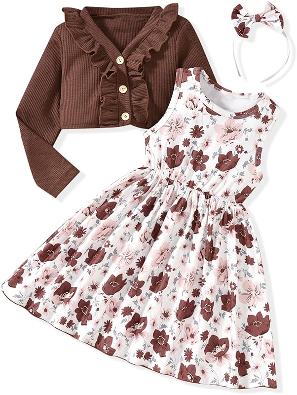 HINTINA Toddler Little Girls Dress And Cardigan Sets 2 Piece Floral Print Sleeveless Dress and Long Sleeve Cardigan Set