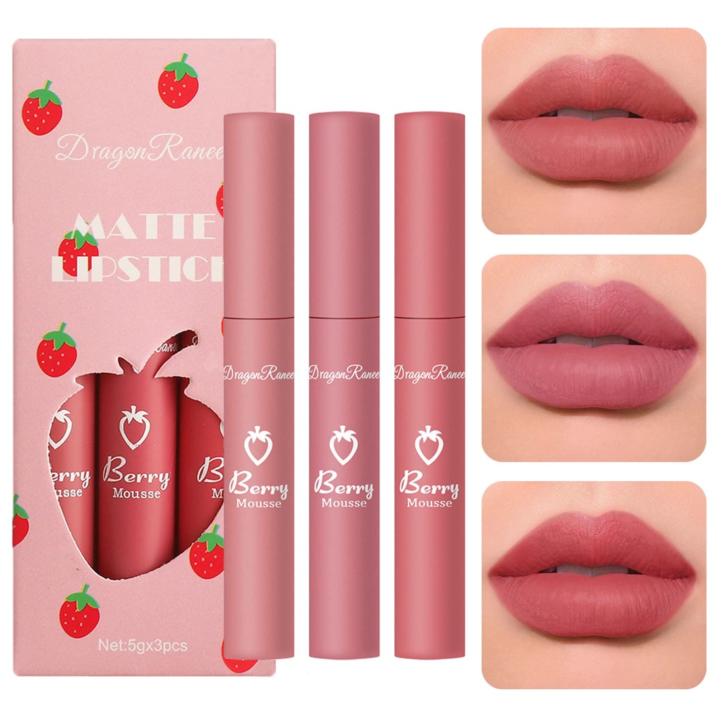 3 Piece Nude Matte Lipstick Set,Natural Nude Lipstick Velvet Air Moisture Smooth Crayon Lip Stain,Matte Lipstick 24 Hour SuperstayLong Lasting Waterproof Lip Gloss for Women Makeup(Set C)