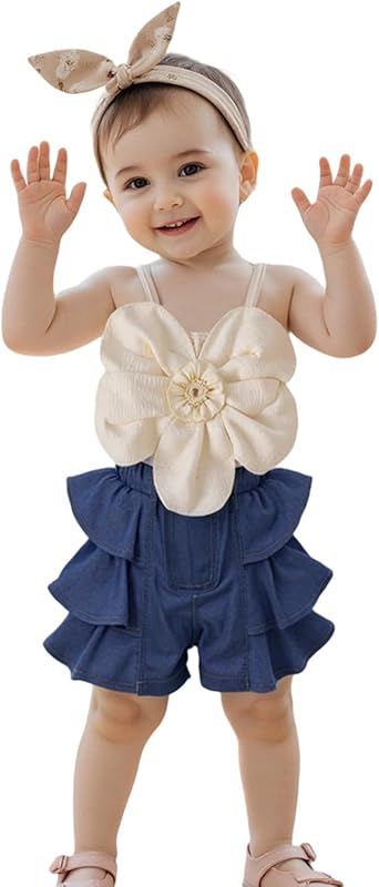 Emmababy Toddler Girls Denim Shorts Set Ribbed Crop Tank Top Sleeveless Bow Jean Shorts Skirt Western Baby Summer Clothes