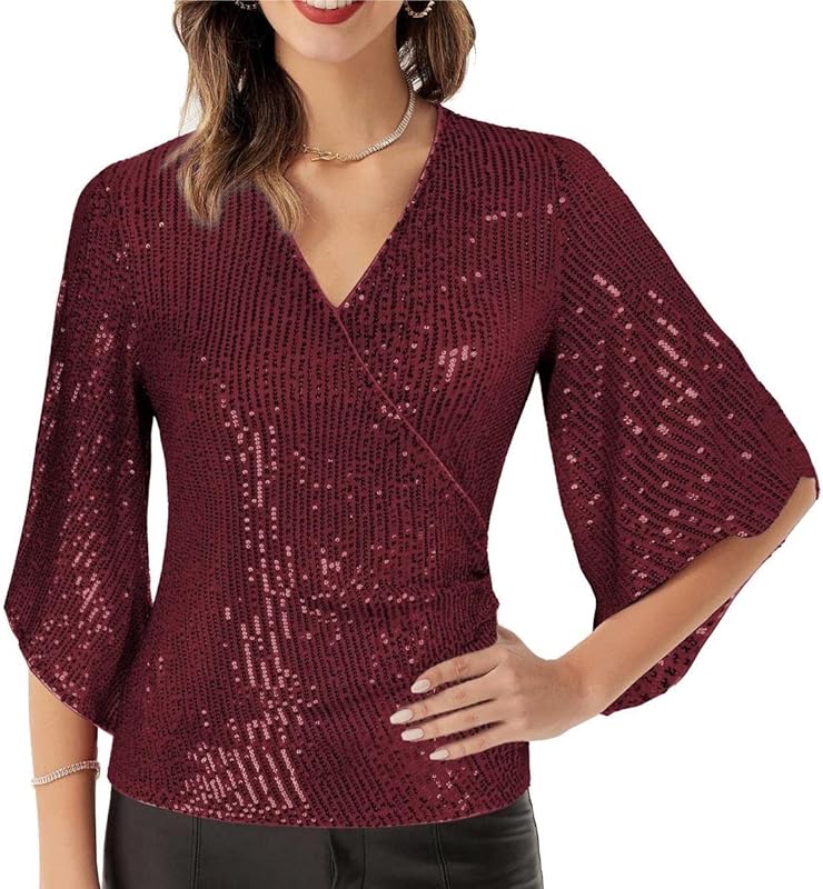 GRACE KARIN Women's Sequin Tops 3/4 Sleeve Glitter Sparkly Party Blouse Wraped V-Neck Fall Going Out Shirt