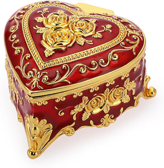Hipiwe Vintage Metal Jewelry Box - Heart Shape Trinket Organizer Ring Box Case with Rose Pattern Jewelry Storage Box for Ring Earrings Necklace, Gift for Women