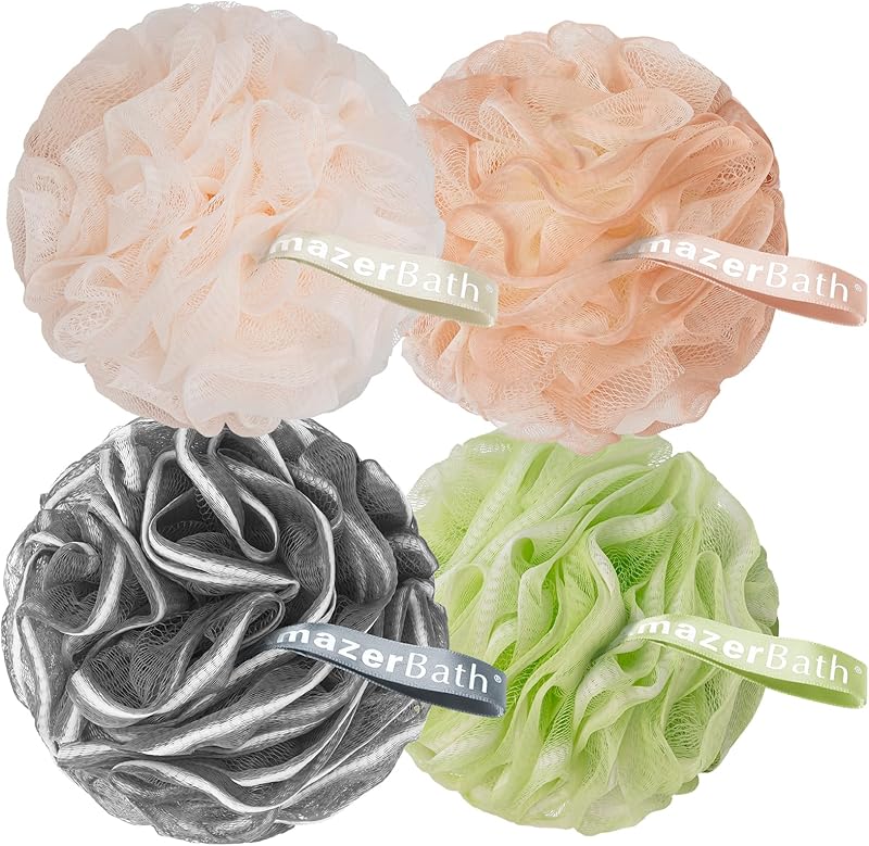 AmazerBath Charcoal Loofah Sponge, Shower Loofah 60g/PCS - Body Scrubber Loofa Set of 4 - Charcoal Blue, Gray, Pink & Army Green, Bath Sponge for Men and Women