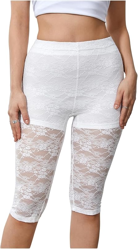 Women's Lace See Through Capri Pants Elastic High Waisted Skinny Leggings Cropped Trousers