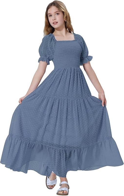 EXARUS Girls Maxi Long Smocked Dress Tween Swiss Dots Summer Square Neck Short Sleeve Casual A-line Dresses for 6-12Y