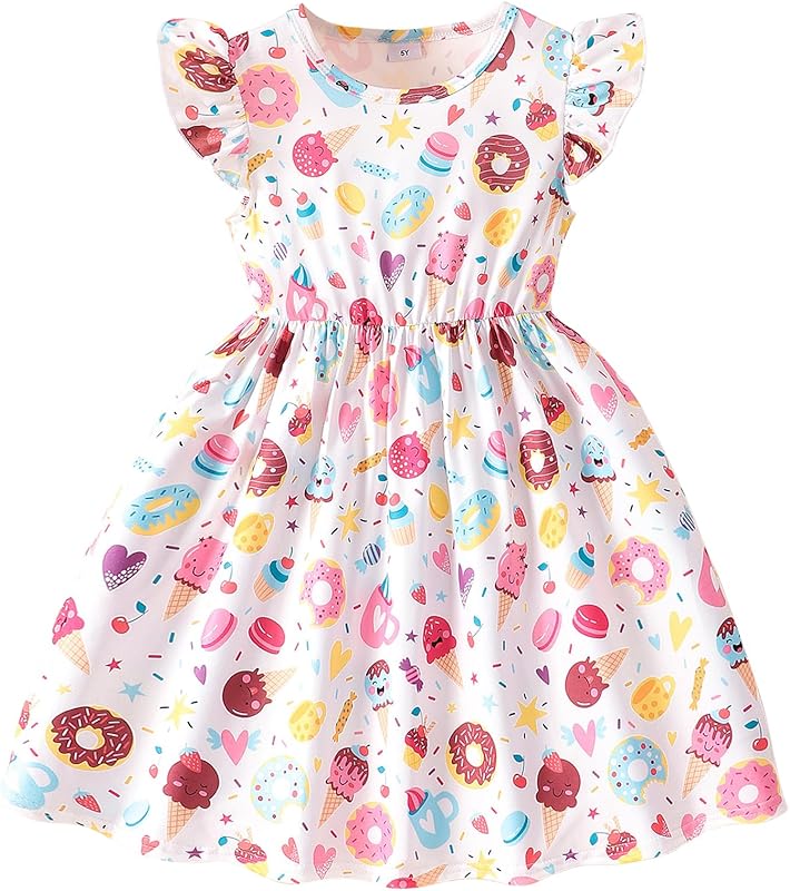 Toddler Little Girls Casual Dresses Short Sleeve Crew Neck Graphic Cartoon Dress for 2-8 Years