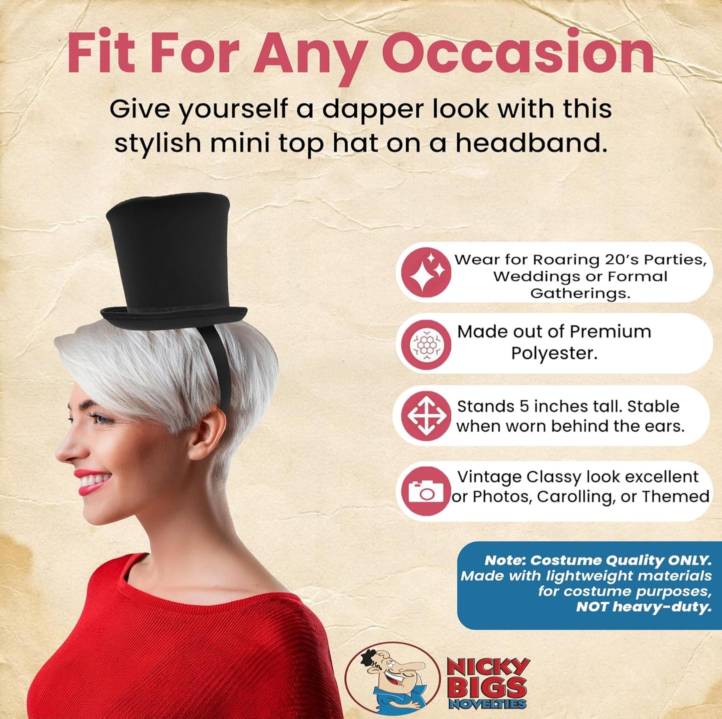 Nicky Bigs Novelties Adult Mini Top Hat Headband, One Size