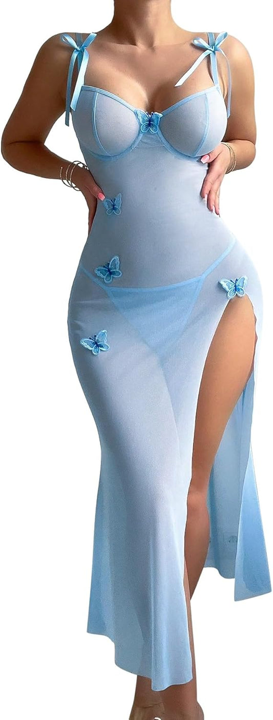 Sexy Butterfly Split Leg Underwire Sheer Mesh Maxi Lingerie Dress with Thong 2 Piece Set