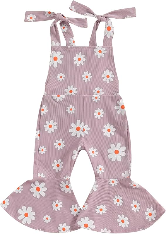 Emmababy Baby Girl Bell Bottoms Romper Toddler Floral Overalls Suspender Flare Pants Sleeveless Strap Jumpsuit Fall Clothes