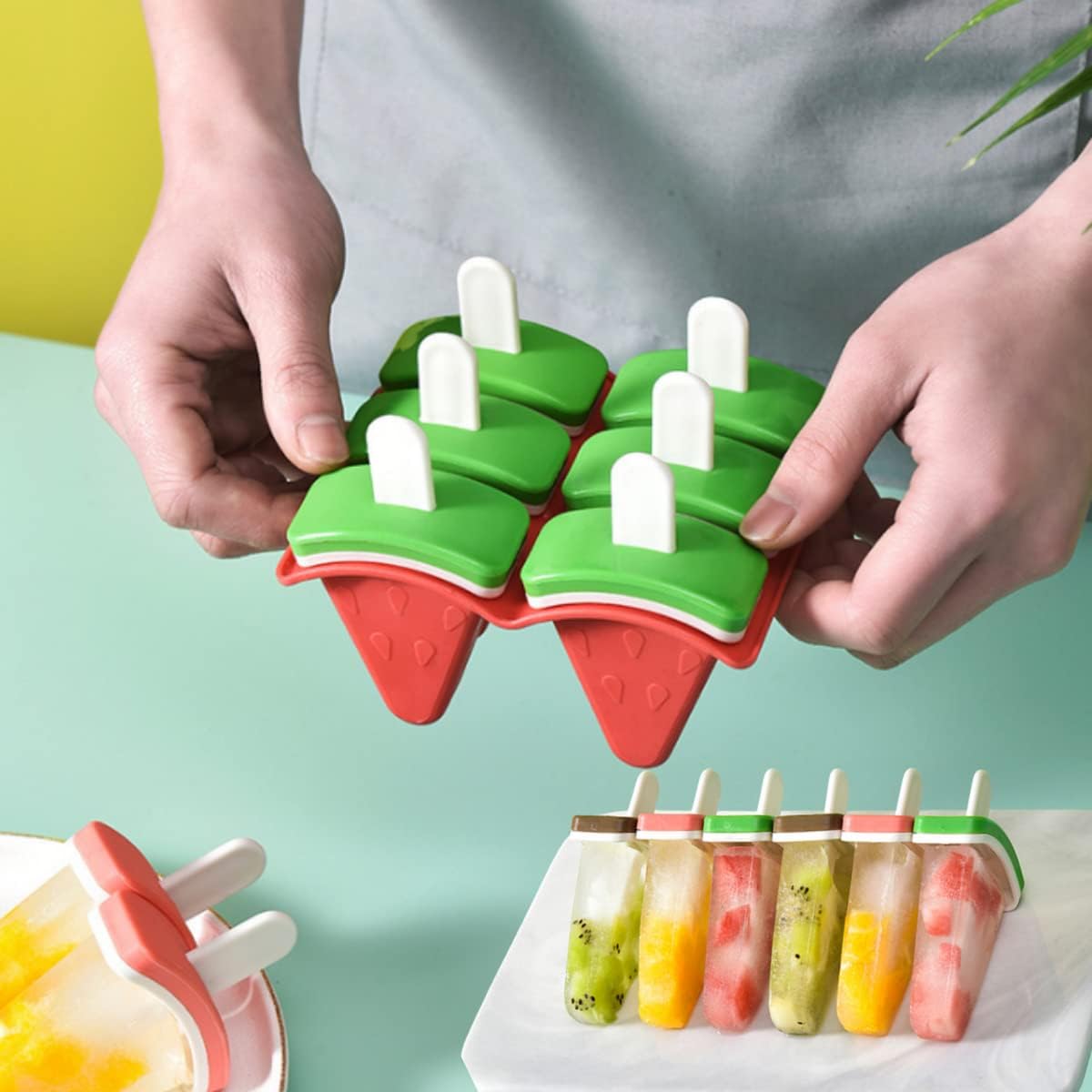 Crethinkaty Popsicle Mold Set, 6 Watermelon Popsicle Maker, Reusable Ice Cream Molds - Dishwasher Safe, Tolder Babies and Homemade Popsicle