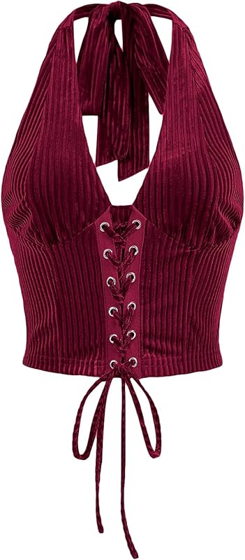 Verdusa Women's Going Out Halter Corset Tops Sleeveless Lace Up Open Back Crop Top