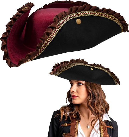 Nicky Bigs Novelties Adult Deluxe Black Tricorn Tricorner Pirate Hat Buccaneers Cap Costume Accessory