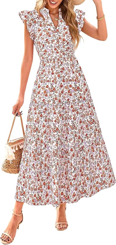 PRETTYGARDEN Women's 2025 Summer Floral Midi Dress Cap Sleeve V Neck Ruffle Long Flowy Boho Casual Beach Vacation Dresses