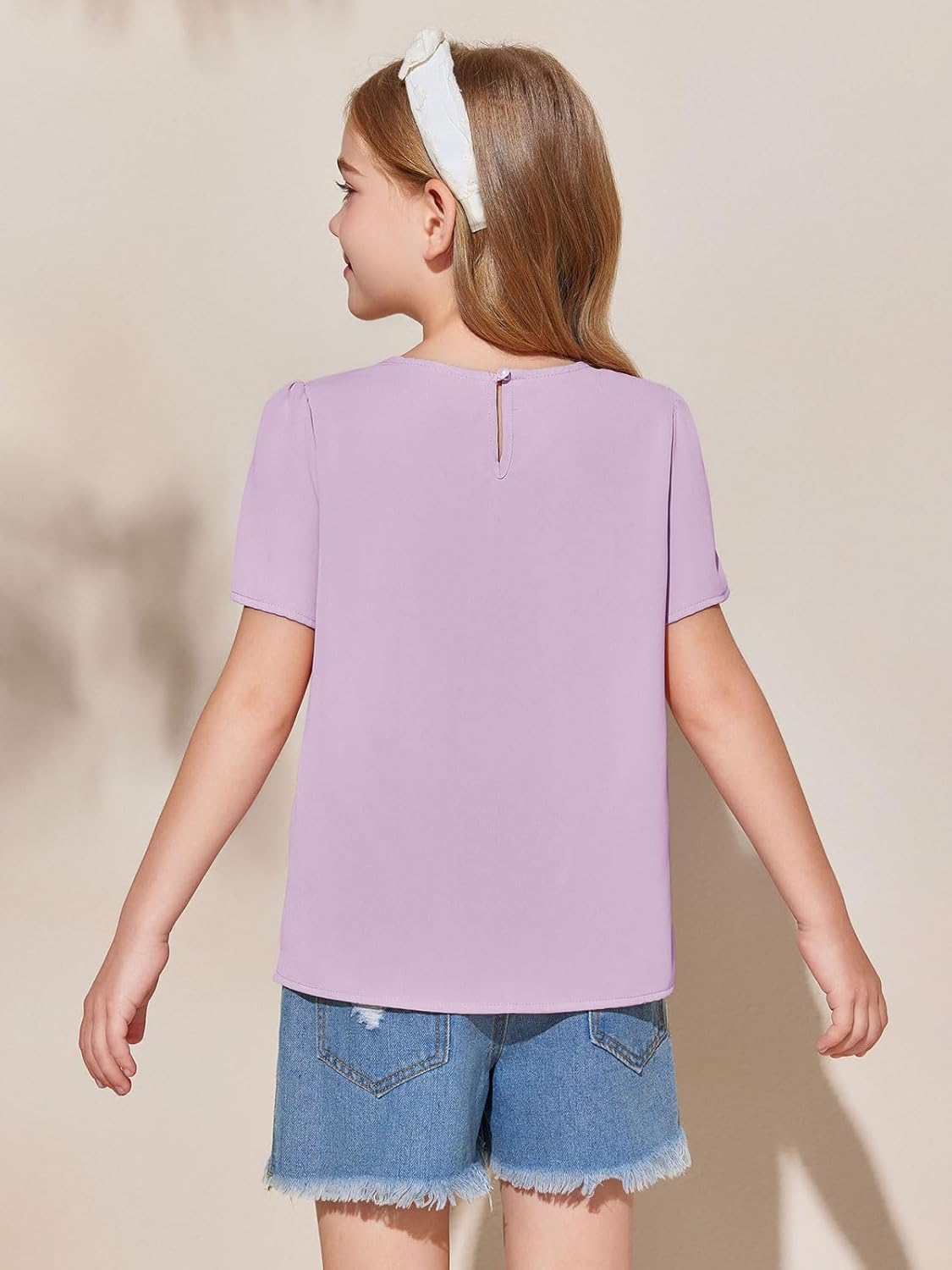 Girls Shirts Summer Short Sleeve Cute Tops Chiffon Pleated Blouses 5-14 Years