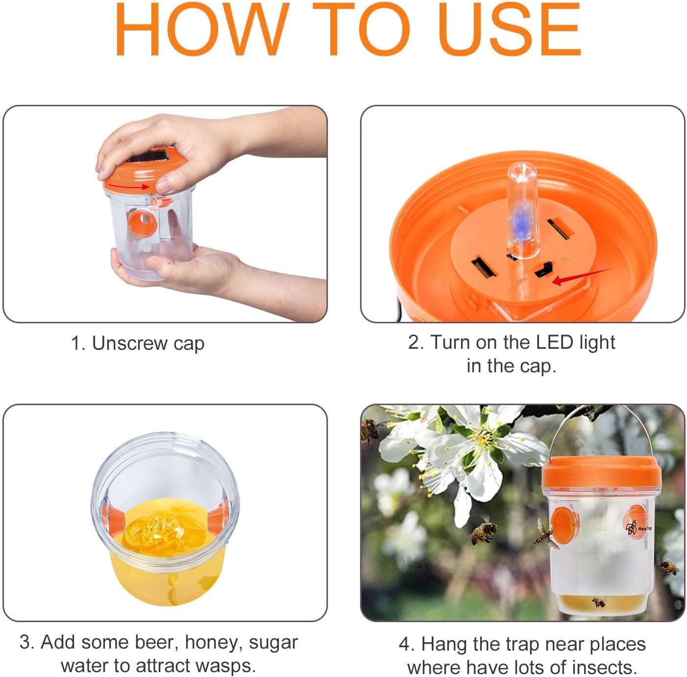 2 Pack Solar Wasp Traps Outdoor Hanging Carpenter Bee Traps for Outside Yellow Jacket Trap Hornet Trap Wasp Killer with UV LED Light Reusable Bee Catcher for Patio Garden