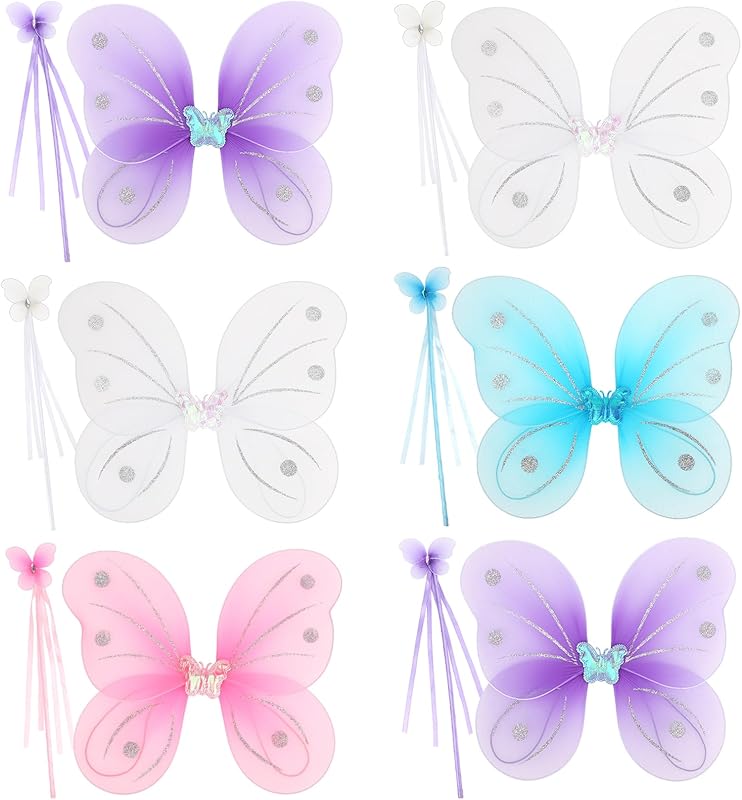 kilofly 6 Sets Angel Butterfly Wings Fairy Wands Princess Dress Up Costume