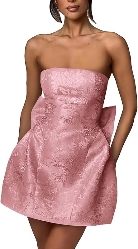 Xijun Short Jacquard Satin Homecoming Dresses for Teens Strapless Embroidery Mini Prom Cocktail Party Gown with Bow