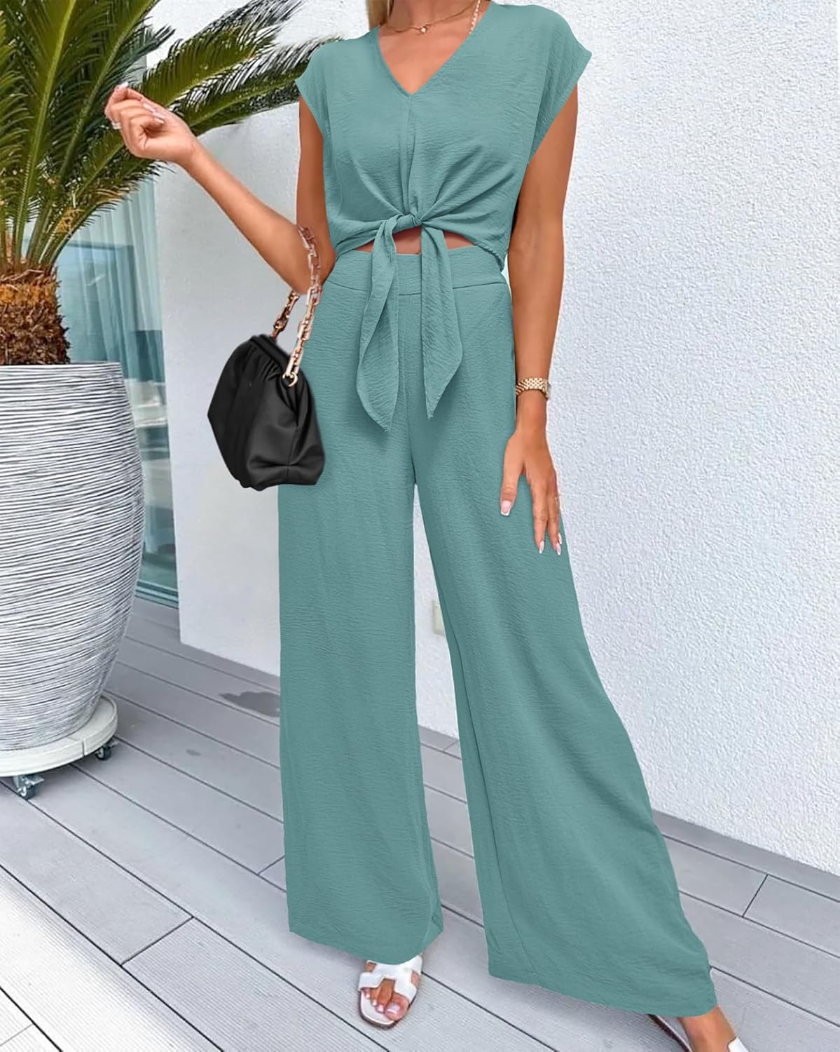 PRETTYGARDEN Women's Summer 2 Piece Outfits 2025 Cap Sleeve V Neck Belted Crop Tops Wide Leg Pant Sets Casual Tracksuit