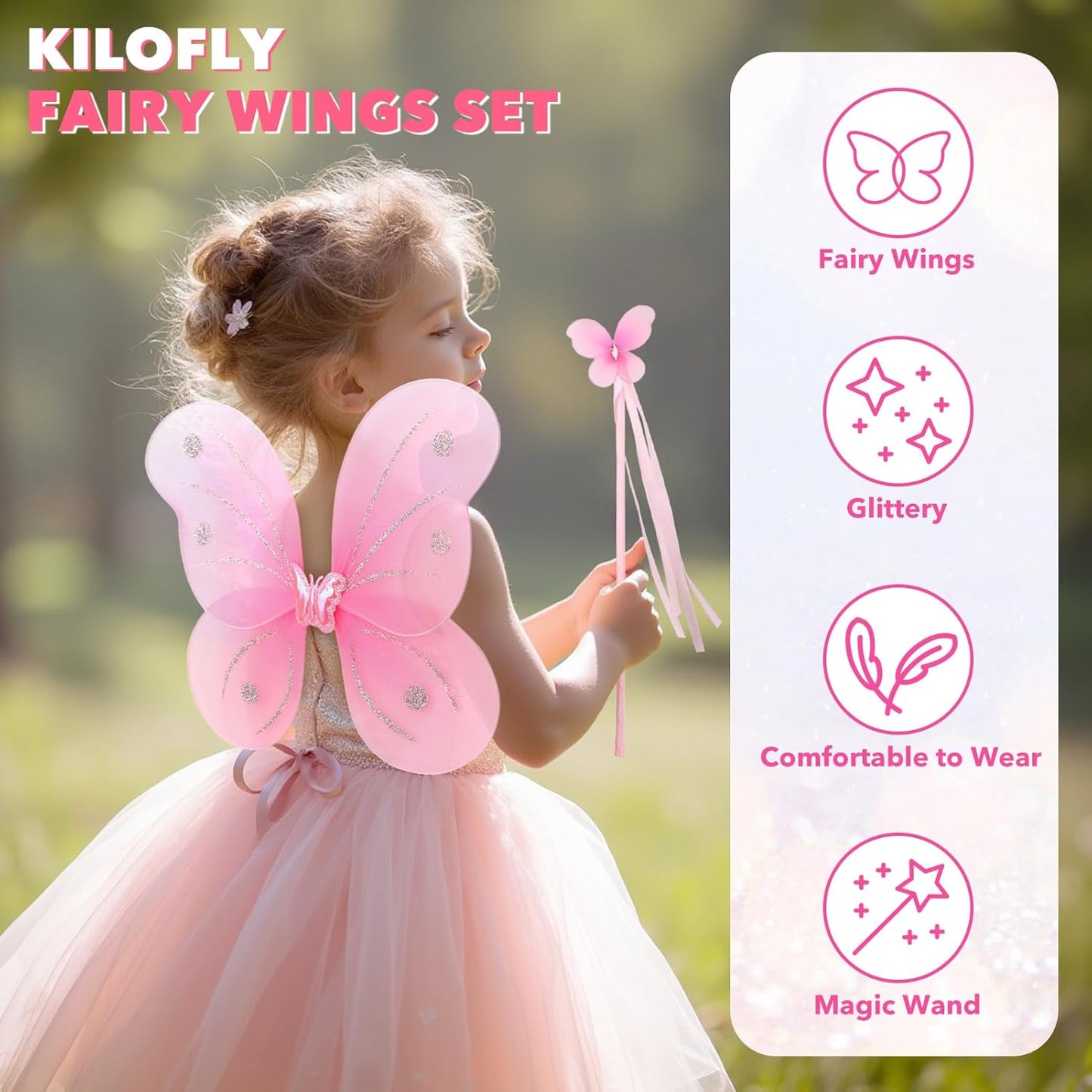 kilofly 6 Sets Angel Butterfly Wings Fairy Wands Princess Dress Up Costume