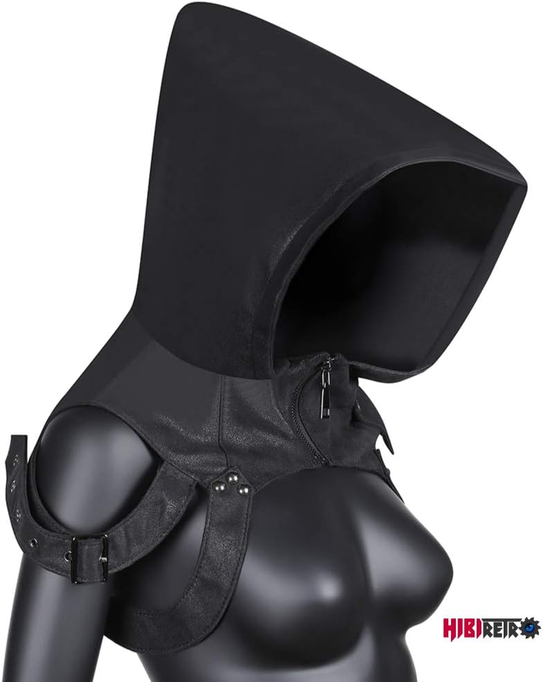 Steampunk Rogue Cowl Hat with Adjustable Arms Buckles, Unisex Adults Costume Hooded Cape for Cosplay Halloween Dress Up and Daily Wear - Black