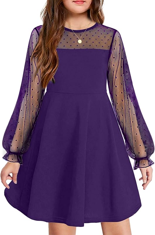 Arshiner Girl's Contrast Mesh Puff Long Sleeve High Waist A Line Short Dress with Pockets for 6-13 Years