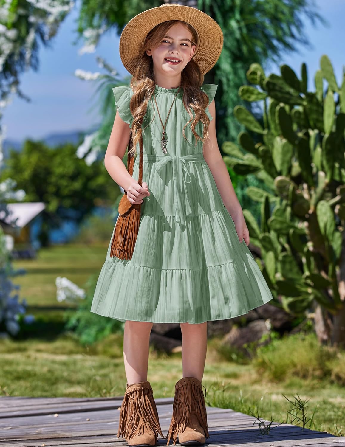Arshiner Tween Girls Summer Dress Formal Ruffle Sleeve A Line Casual Elegant Dresses with Belt