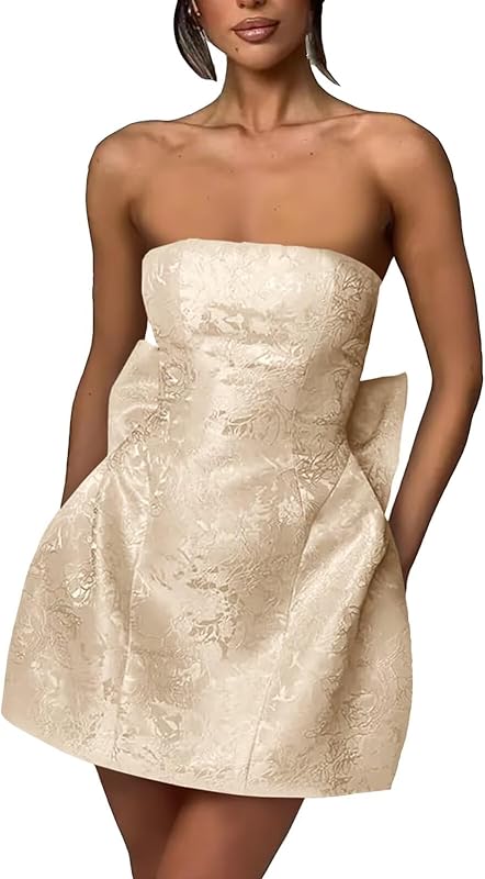 Xijun Short Jacquard Satin Homecoming Dresses for Teens Strapless Embroidery Mini Prom Cocktail Party Gown with Bow
