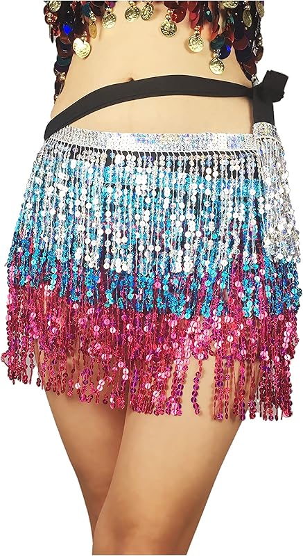 MUNAFIE Sequin Tassel Hip Scarf Sequin Tassel Skirts Rave Fringe Hip Scarf for Festival Belly Dance Skirt