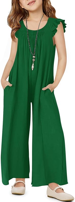 Haloumoning Girls Wide Leg Loose Jumpsuit Kids Casual Ruffle Sleeve Round Neck Romper with Pockets 5-14 Years