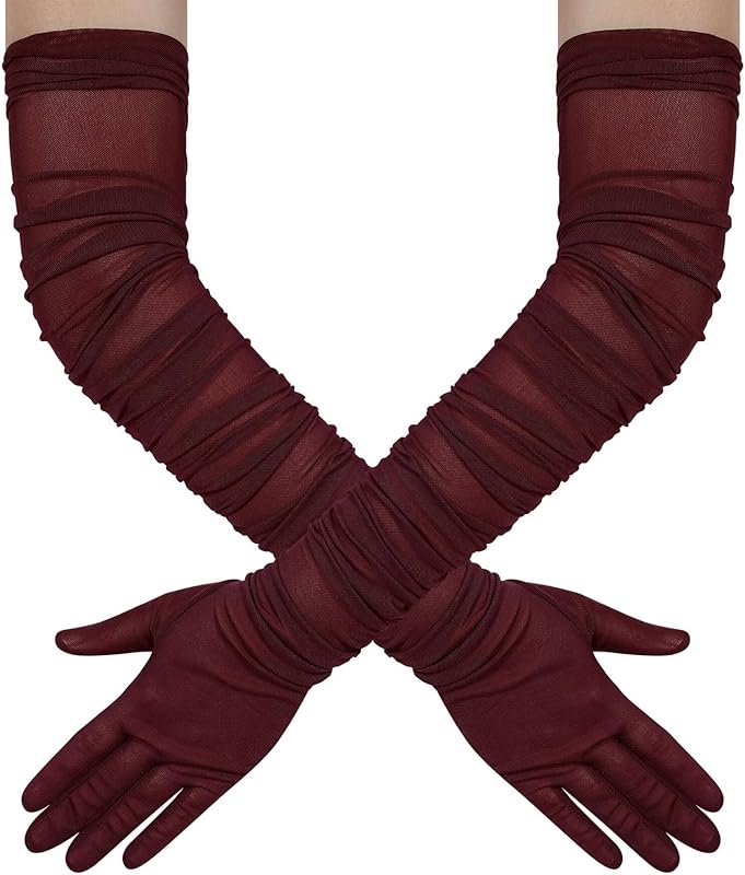Hazhlko Women's Super Long Stretchy Ruched Mesh Tulle Sheer Gloves Costume Opera Party 1920's Dance Gloves