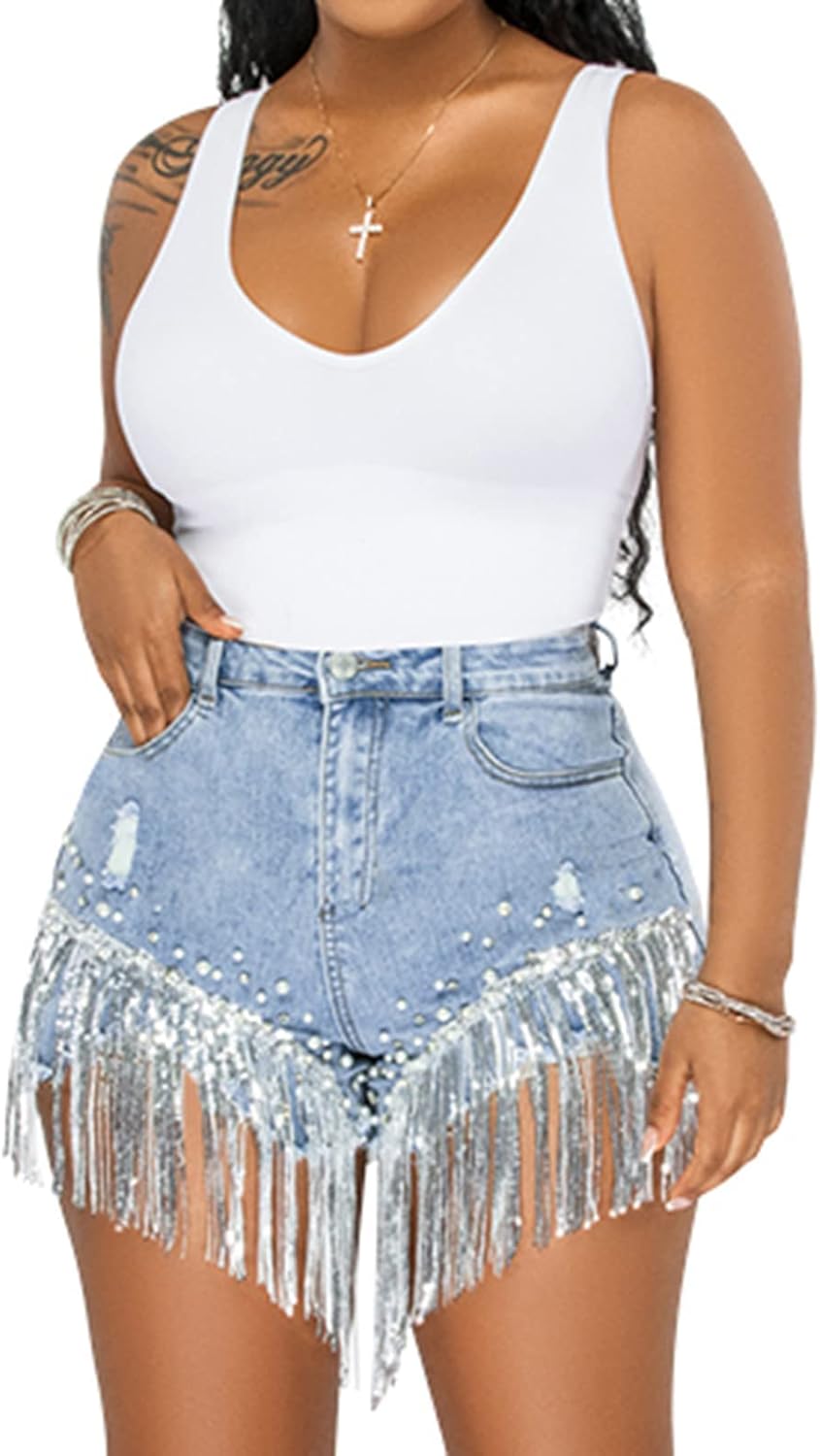 CYLADY Women High Waisted Denim Shorts Ripped Jeans Frayed Raw Hem Tassels Jean Shorts