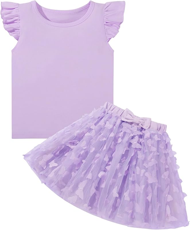 Naiyafly Girls Tulle Skirt Set Toddler Girls 2 Piece Outfits Kids Two Piece Ruffle Sleeve T-Shirt Bow Knot Tutu Dress Costume Birthday Party Outfit 3-8 Years