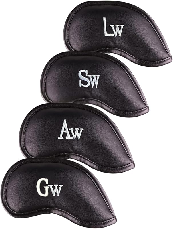 Premium Magnetic Leather Iron and Wedge Golf Club Head Covers | Set of 10 | Fits Most Clubs | Embroidered Club Label on Both Sides of Club Head Cover