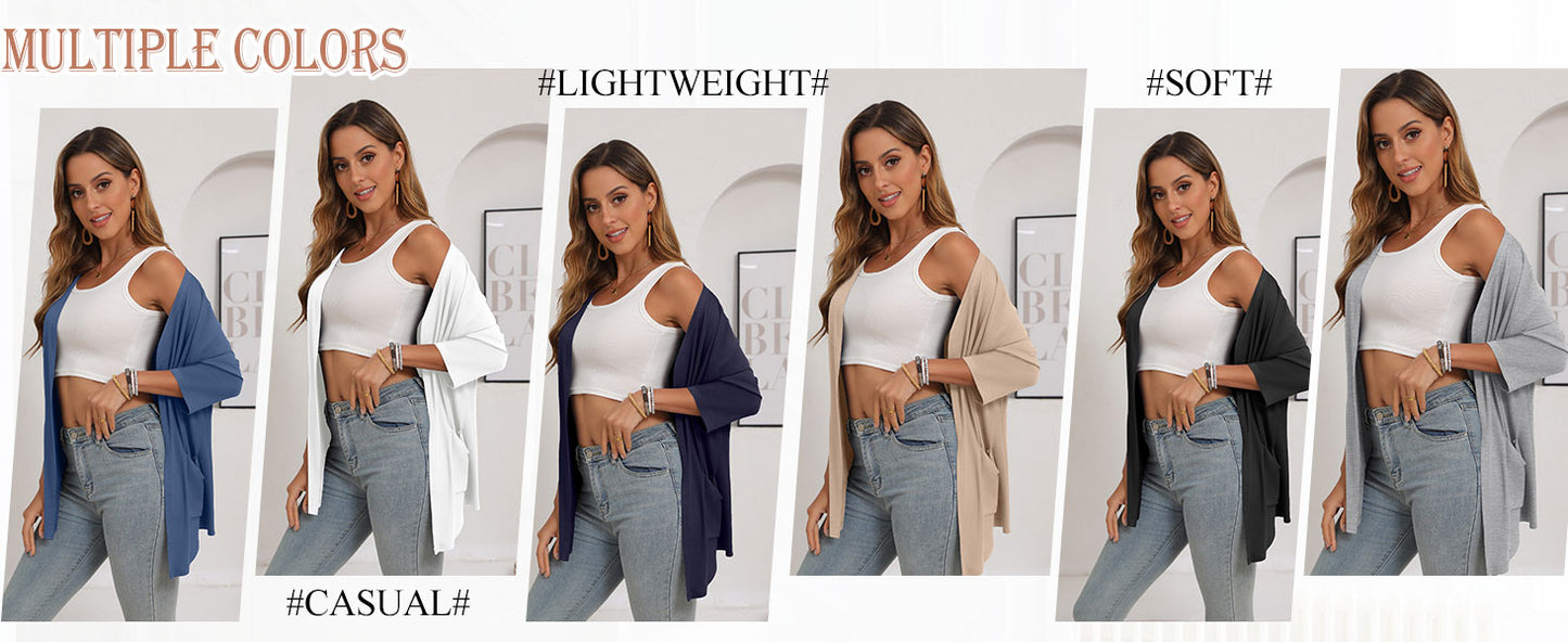 Women's 3/4 Sleeve Open Front Cardigan Casual Loose Lightweight Cardigans with Pockets