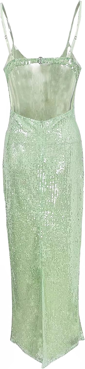 BOLLEY JOSS Women's Sequins Maxi Dress Sexy Spaghetti Strap Long Dress Sparkly Back Slit Bodycon Dresses
