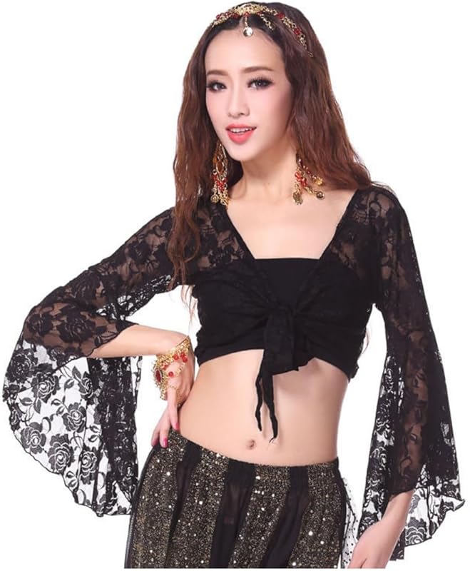 Women Belly Dance 3/4 Flared Sleeve Wrap Top, Knot Bandage Floral Shawl Crop for Dancewear, Lace Butterfly Tribal Yoga Costume Accessories for Women Girls