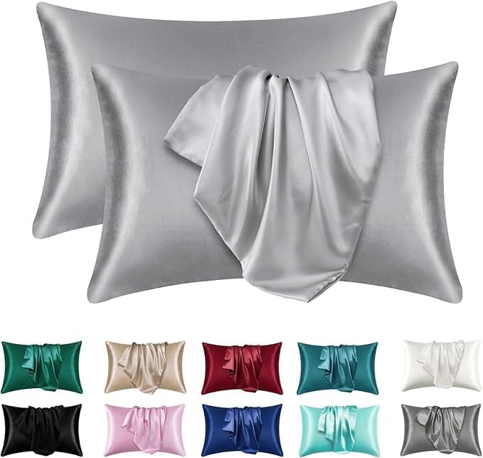 Satin Silk Pillowcases for Skin and Hair,Set of 2 Satin Pillow Cases for Women with Envelope Closure,Soft Breathable Smooth Cooling Silk Pillow Covers for Gifts，Solid Black，Queen (20" x 30")