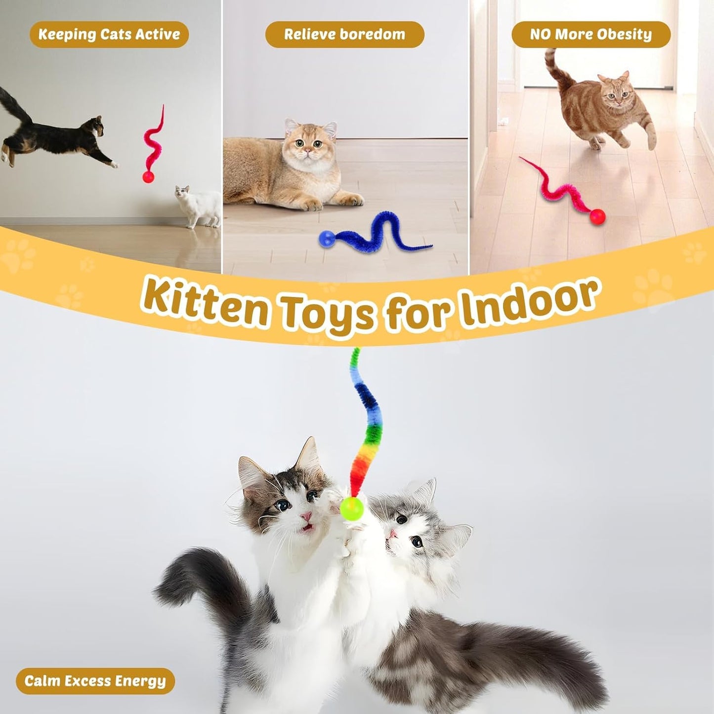 Yuannee Balle Chat,6 PCS Balle Interactive pour Chat avec Plumes Jouet Magique Rebondissant en Caoutchouc Multicolore Balles de Jeu d'Intérieur à Longue Queue Stimulation Motrice pour Chaton & Adulte