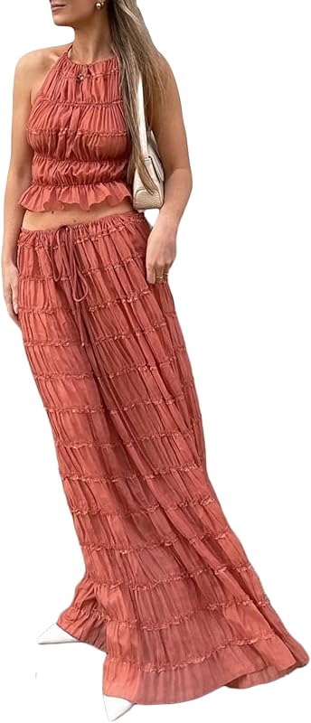 Unybwonn Maxi Skirt Set Summer Two Piece Outfits Backless Backless Halter Top Pleated Flowy Long Skirts Y2k Beach Set