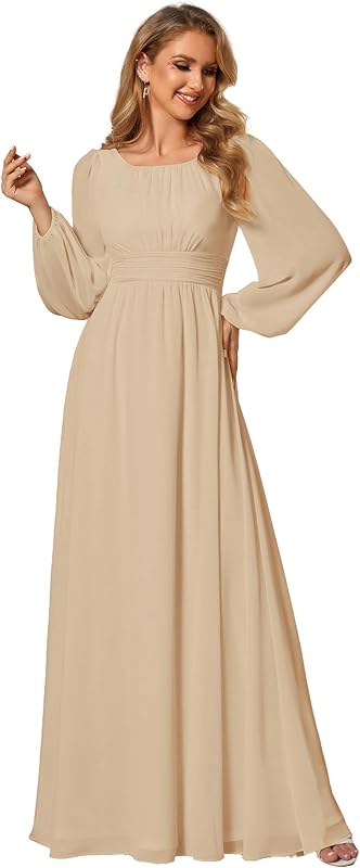 Ever-Pretty Women's Crewneck Long Lantern Sleeves Floor Length A-Line Pleated Chiffon Formal Dress 0106B