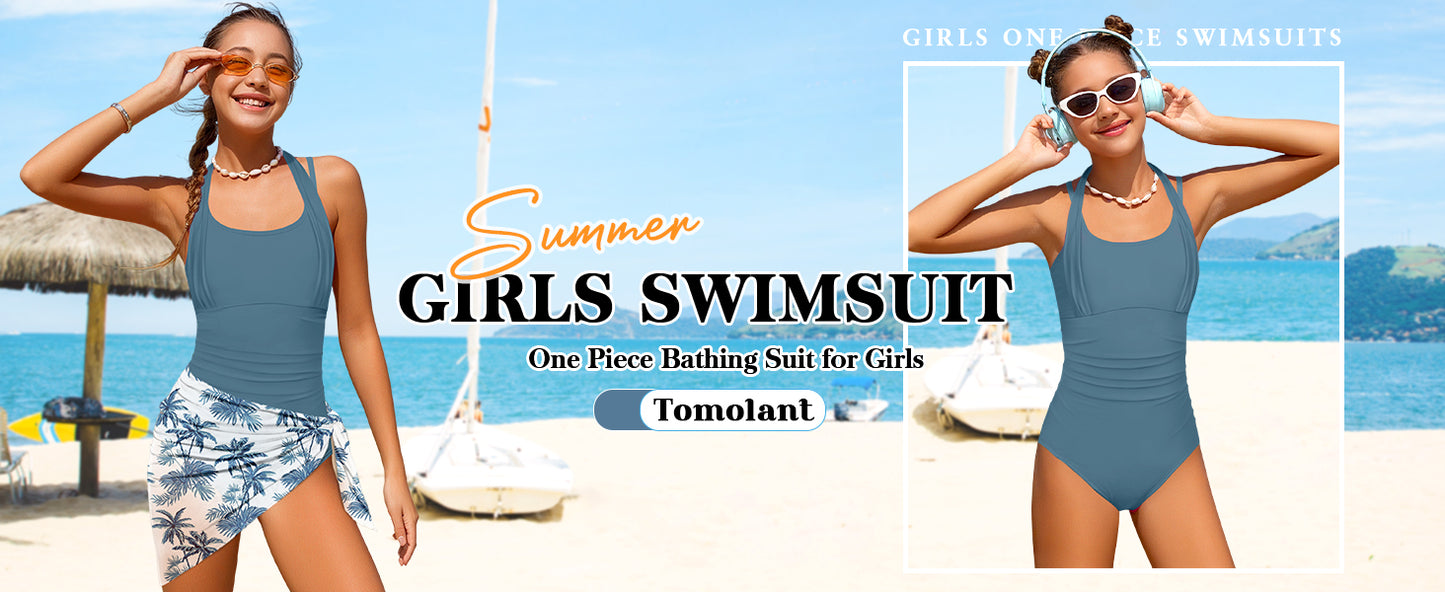Girls Swimsuit Halter Neck One Piece Bathing Suit with Tropical Printed Cover Up Skirt Girls' Swimwear Set 7-18Y
