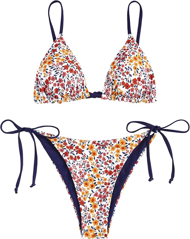ZAFUL Women's Triangle Bikini Floral String Bikini Set Two Piece Swimsuit Bathing Suits