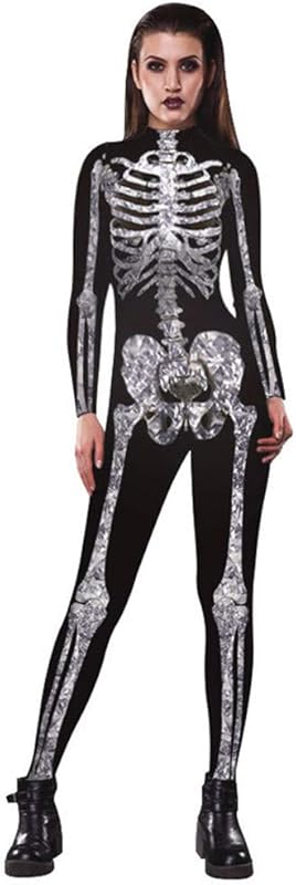 JJEUWE Women's Skeleton Halloween Bodysuit Costume Stretch Skinny Catsuit Jumpsuit