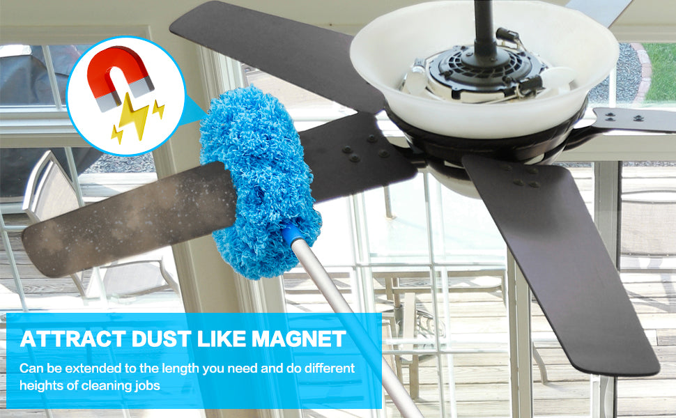 Ceiling Fan Cleaner Duster Reusable Microfiber Ceiling Fan Blade Cleaner Removable Duster with Extension Pole Adjusts 13 to 49.7 Inch for Cleaning Walls Bookshelves Furniture Door Window Top (Blue)