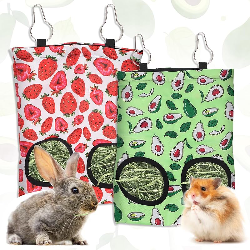 2 Packs Rabbit Hay Feeder Bag Strawberry Avocado Guinea Pig Hanging Hay Feeding Bag with 2 Holes Pet Storage Dispenser for Chinchilla Hamster Bunny Small Pet Animals