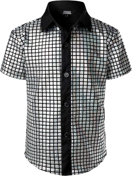 JOGAL Boy's Dress Shirt Sequins Button Down Shirts 70s Disco Party Costume