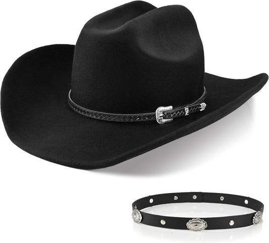 100% Wool Western Cowboy Hat for Men Women Classic Fedora Hat Felt Cowgirls Hats with Two Decorative Bands