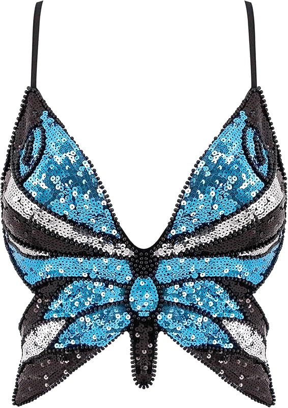 Mocure Womens Glitter Sequin Butterfly Crop Top Low-Cut Tank Top Rave Tube Vest Top for Belly Dance Costume Outfits