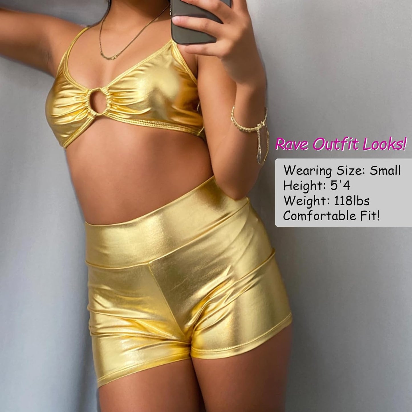 Vinaderhom Women's Metallic Booty Shorts Shiny High Waisted Rave Bottoms for Dance Festival